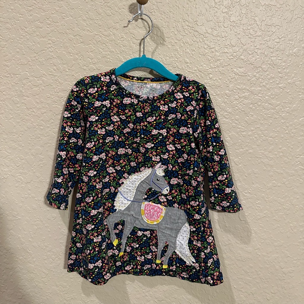 Mini Boden Navy Floral Dress with Gray Pony Appliqué